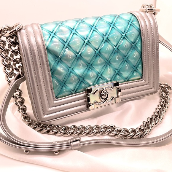 ***SOLD*** Chanel Boy Flap Bag Quilted Holographic PVC Small Blue & Silver - Picture 4 of 14